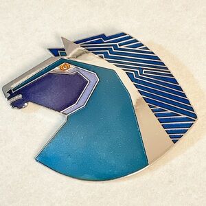Laurel Burch Wild Stallion Pendant Brooch - Silver Tone - Purple/Teal/Blue - 2”